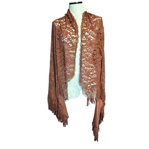 Pretty Angel Cardigan/Duster LINEN Blend L/XL Victorian Vtg Lace Fringe Rust - Picture 1 of 10